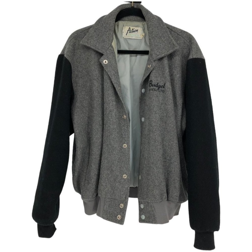 Retro Action Athleticwear  Dual Tone Grey & Black Wool Bomber Jacket XL